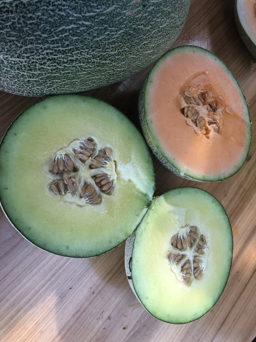 Green-flesh and orange-flesh melons, cut open